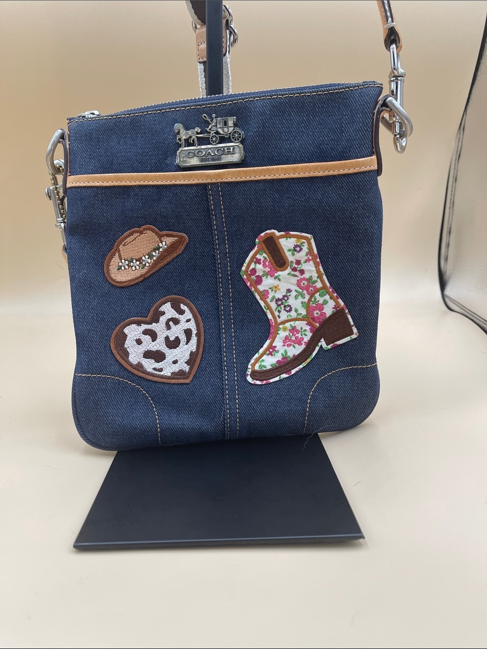 Coach Denim Crossbody with Floral Boot and Patch Accents Rare